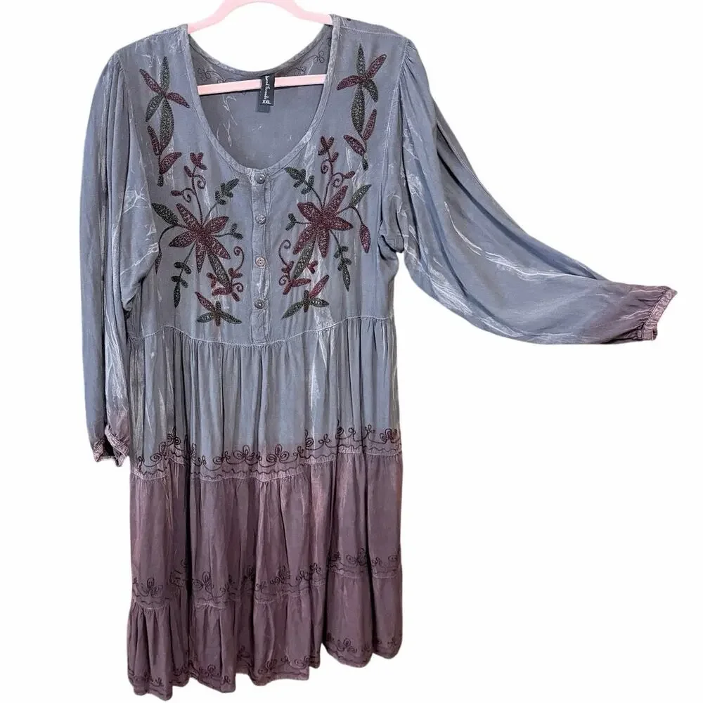 Sacred threads long sleeve boho ombré floral embroidered dress XXL gray maroon - Picture 1 of 9